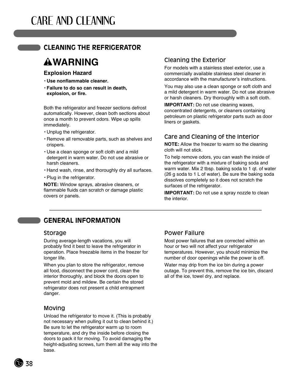 Wwarning, 38 cleaning the refrigerator, General information | LG LMX28994ST User Manual | Page 38 / 55