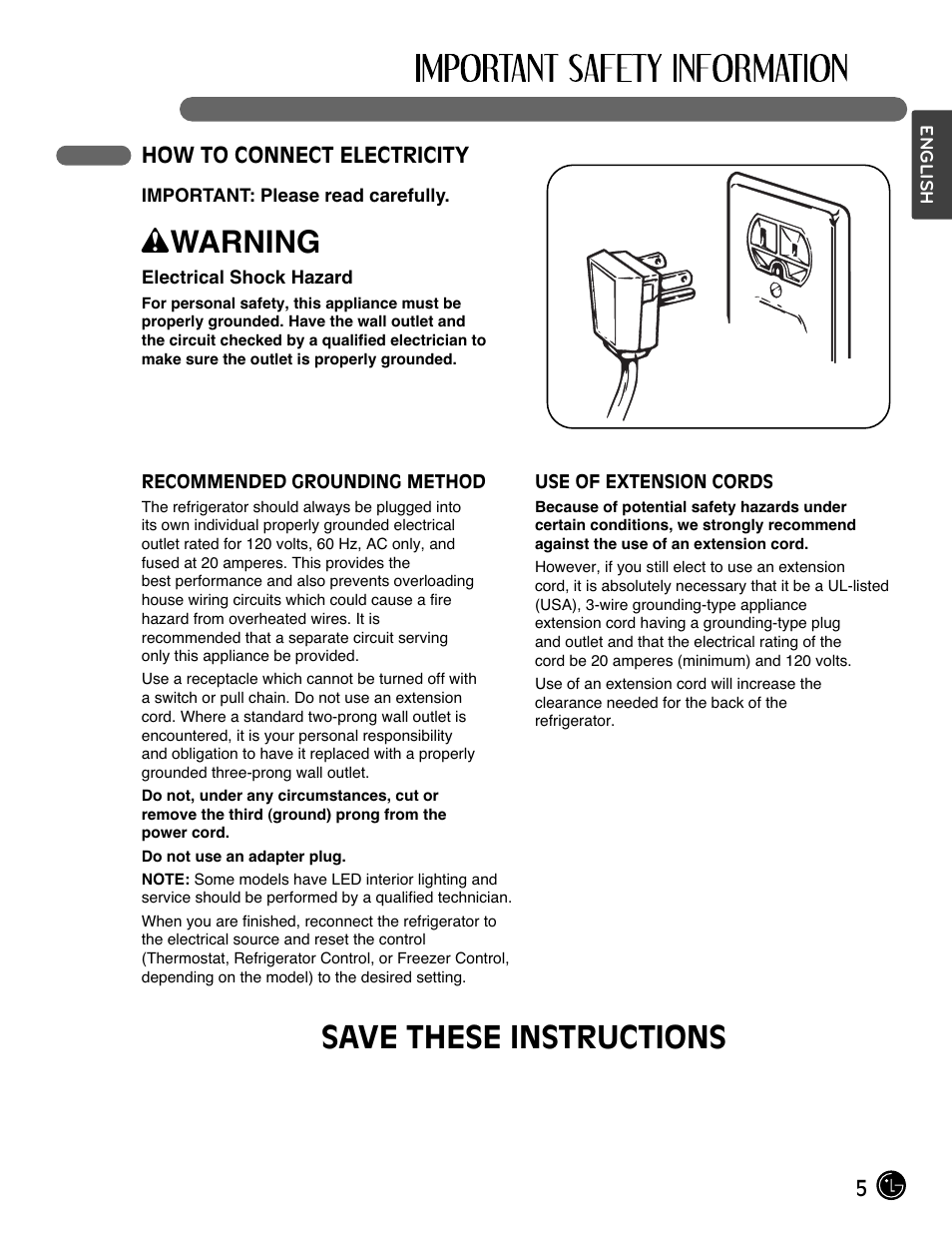 Wwarning, Save these instructions | LG LMX28994ST User Manual | Page 5 / 55