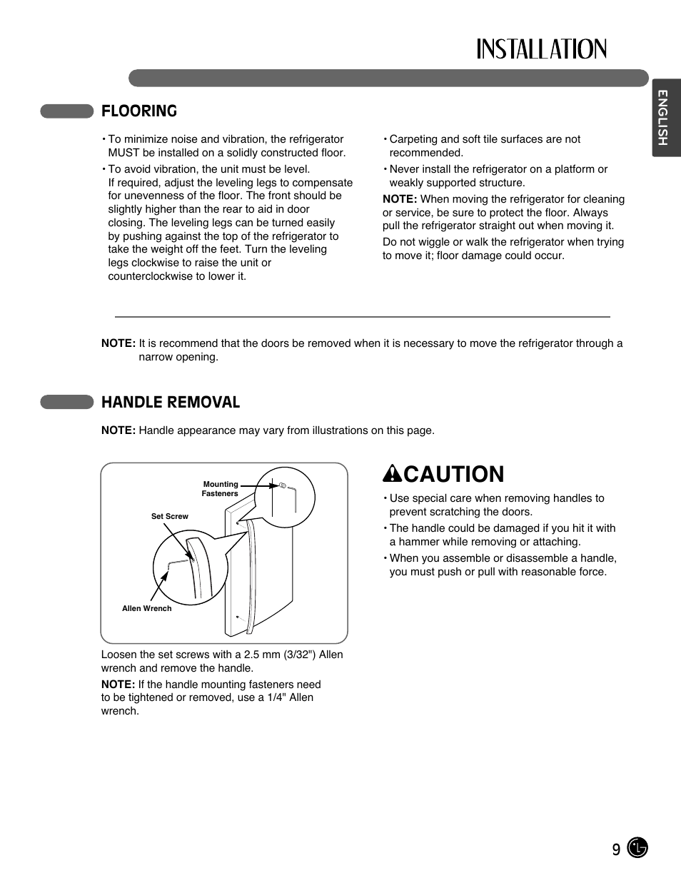 Wcaution, 9flooring, Handle removal | LG LMX28994ST User Manual | Page 9 / 55