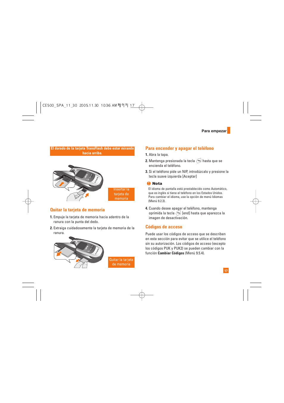 Para encender y apagar el teléfono, Códigos de acceso | LG CE500 User Manual | Page 113 / 195