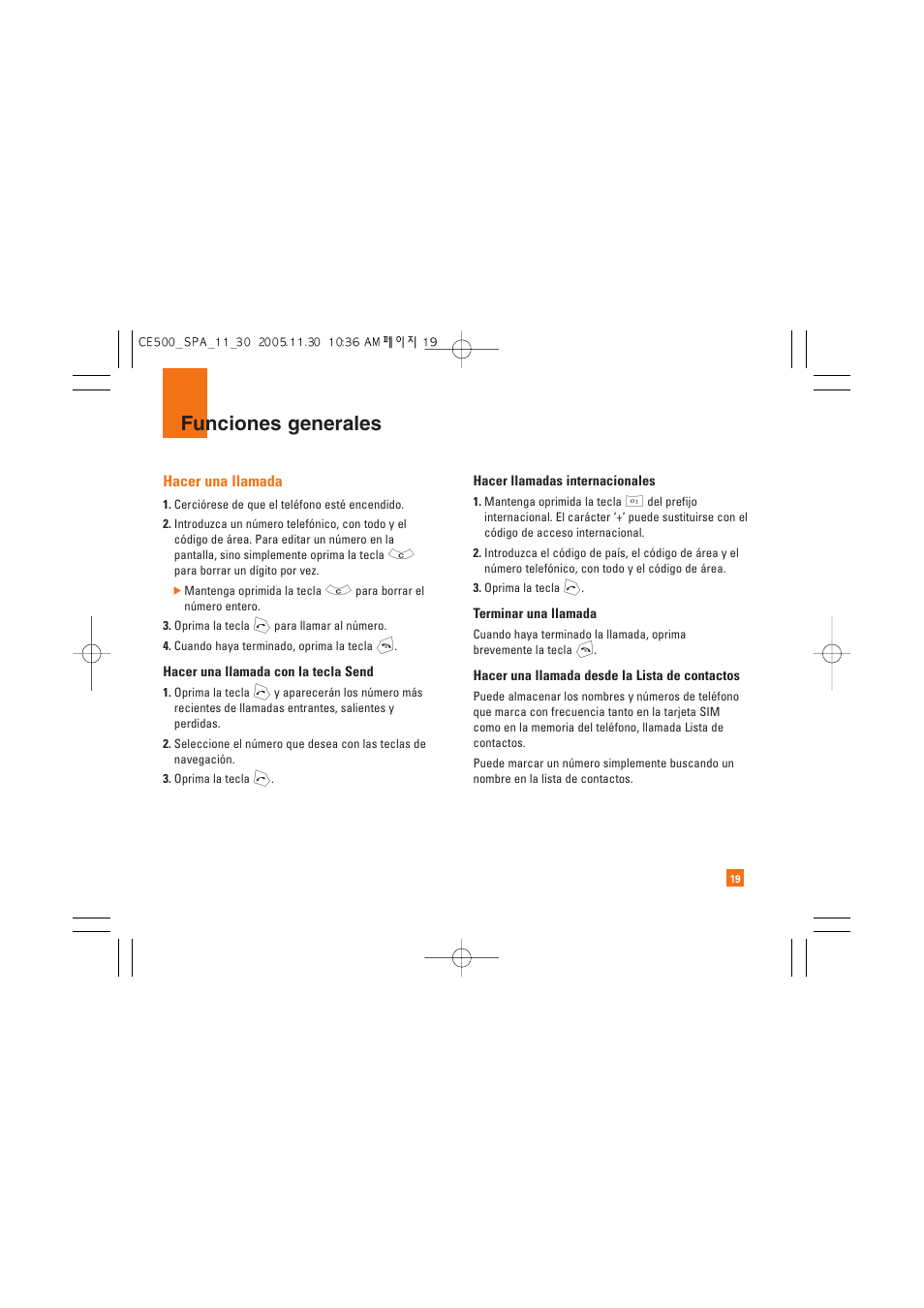 Funciones generales, Hacer una llamada | LG CE500 User Manual | Page 115 / 195