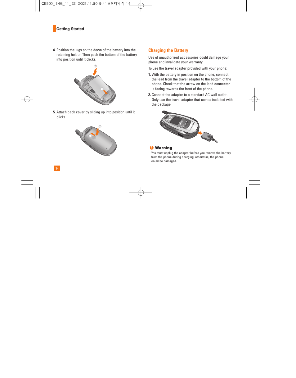 Charging the battery | LG CE500 User Manual | Page 18 / 195