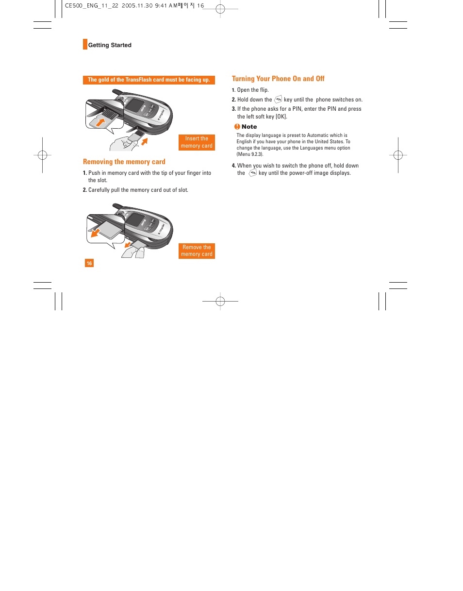 Turning your phone on and off | LG CE500 User Manual | Page 20 / 195