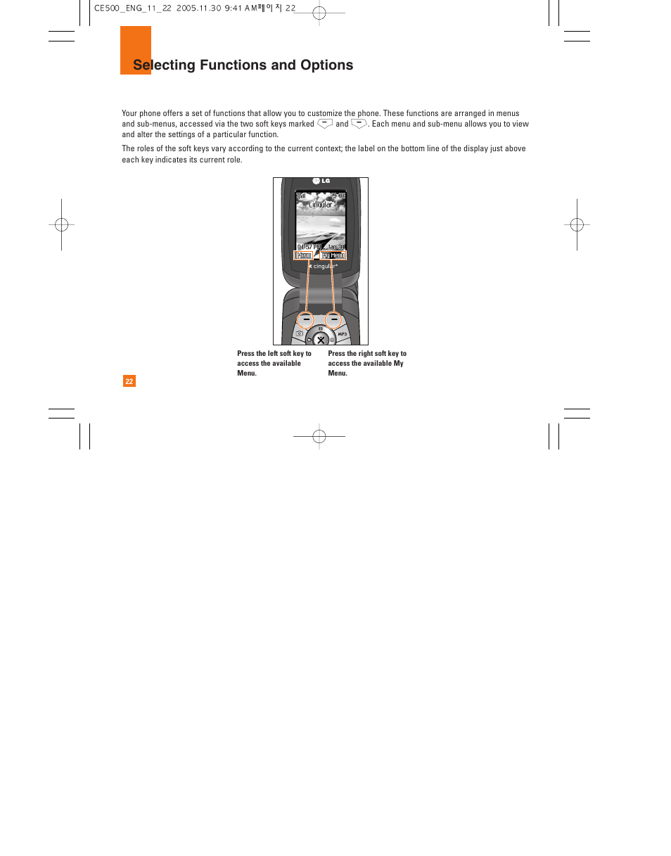 Selecting functions and options | LG CE500 User Manual | Page 26 / 195