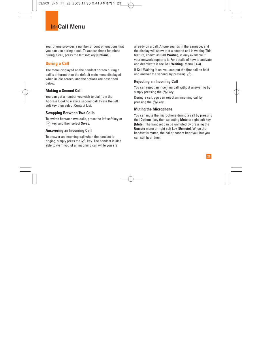 In-call menu | LG CE500 User Manual | Page 27 / 195