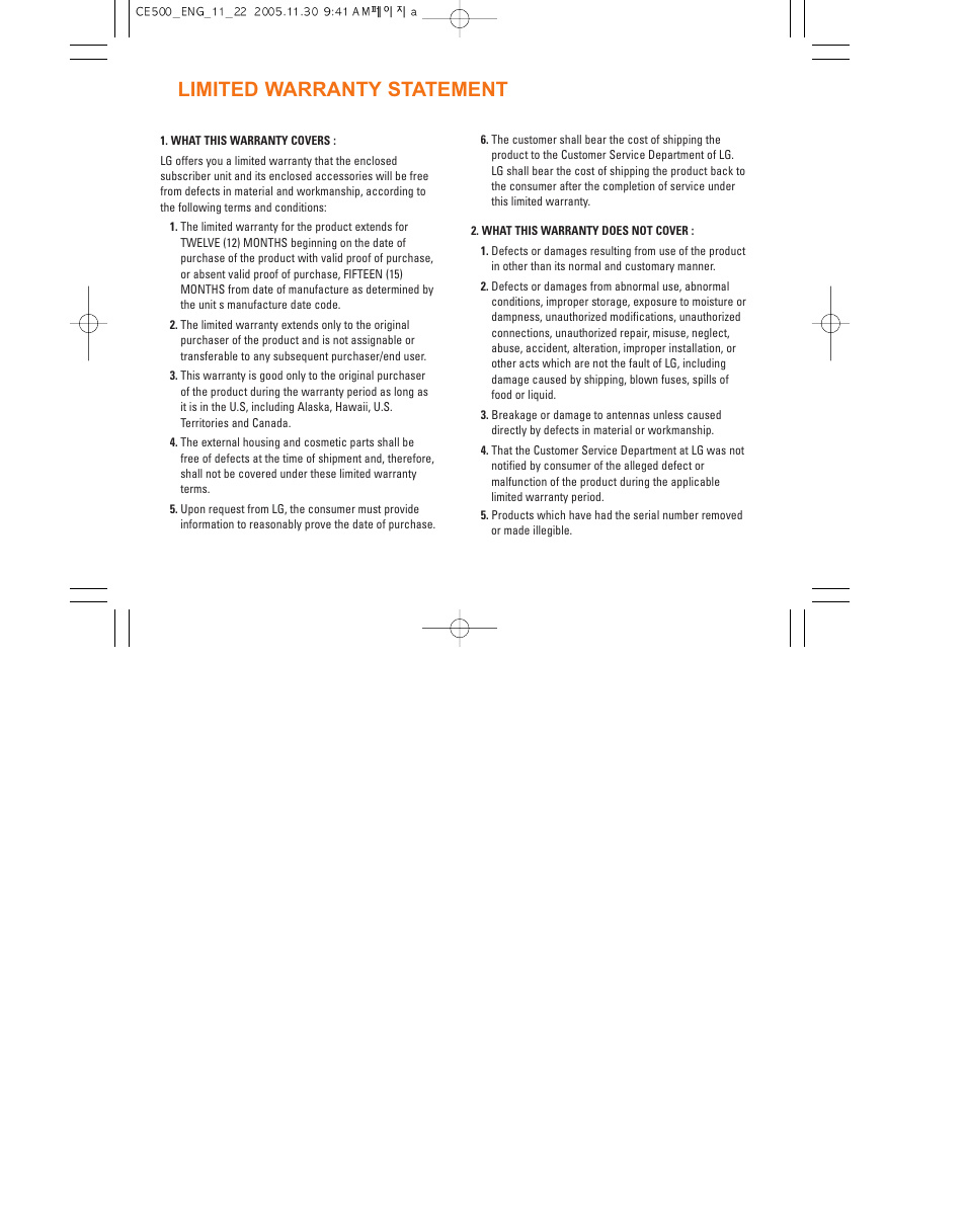 Limited warranty statement | LG CE500 User Manual | Page 3 / 195