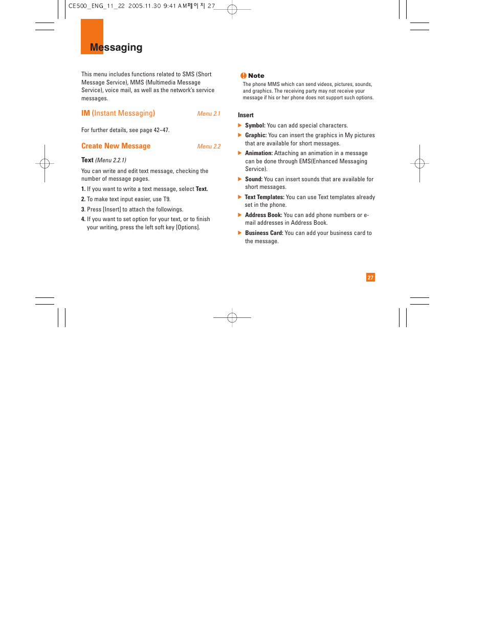 Messaging, Im ( instant messaging ), Create new message | LG CE500 User Manual | Page 31 / 195