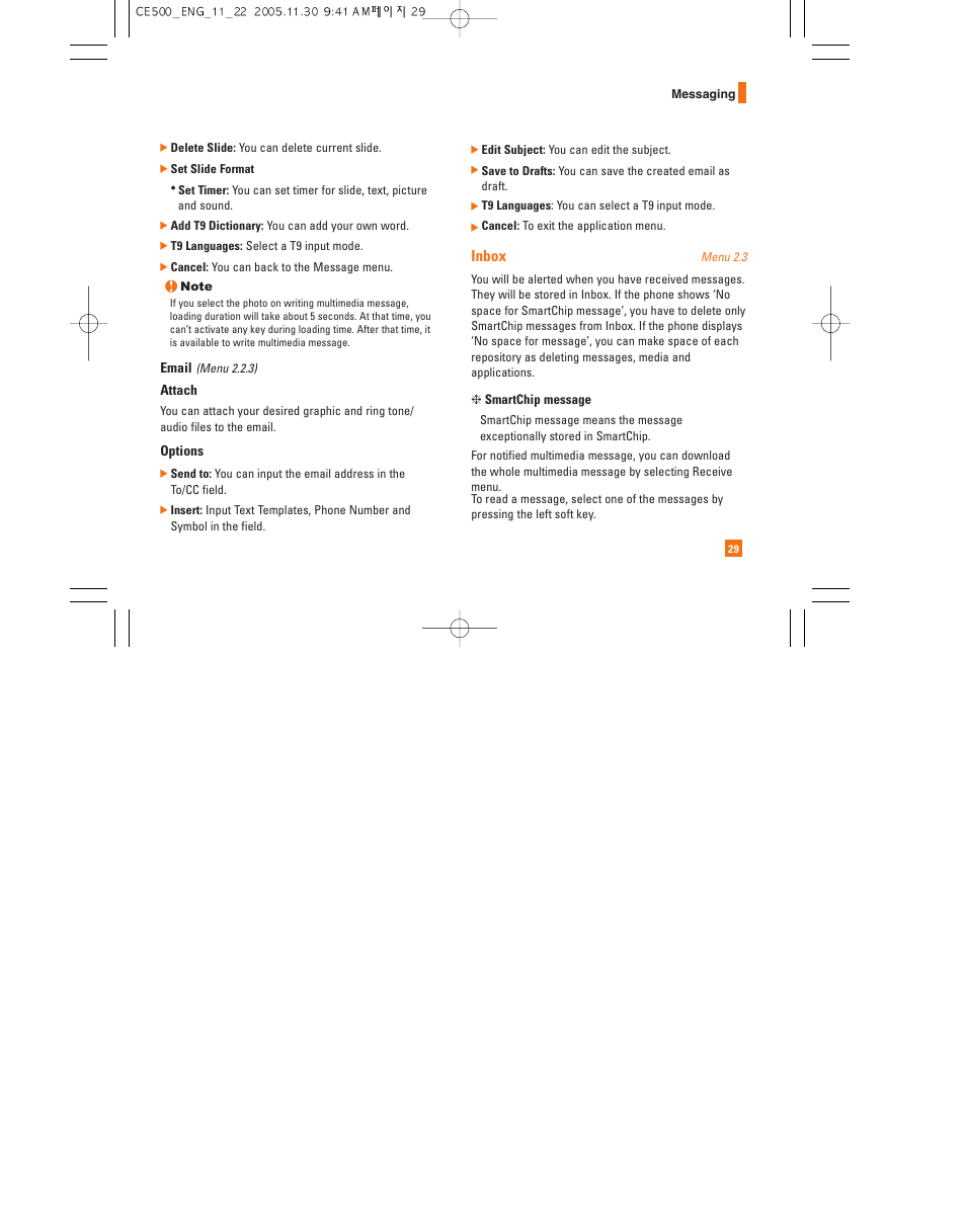 Inbox | LG CE500 User Manual | Page 33 / 195