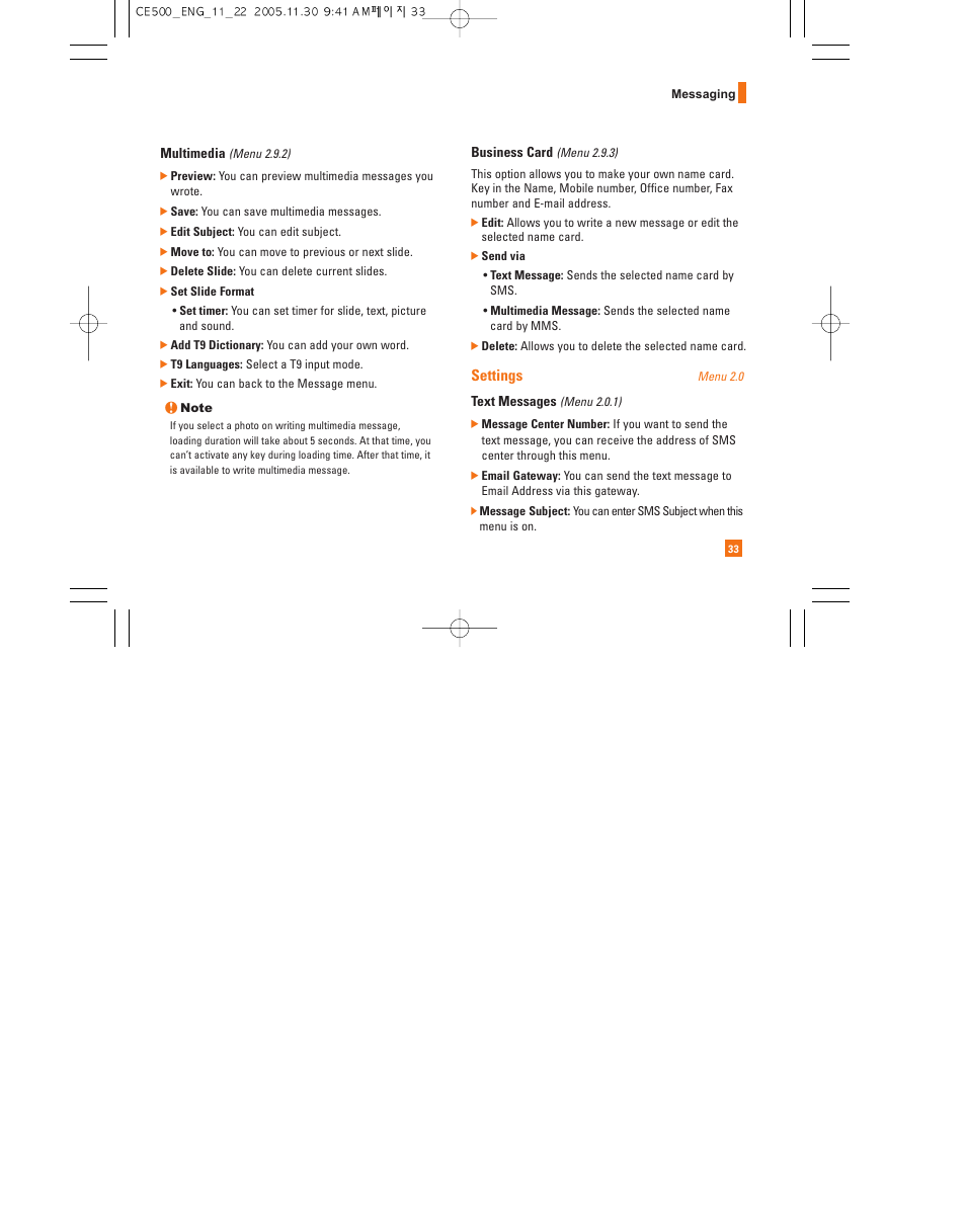 Settings | LG CE500 User Manual | Page 37 / 195