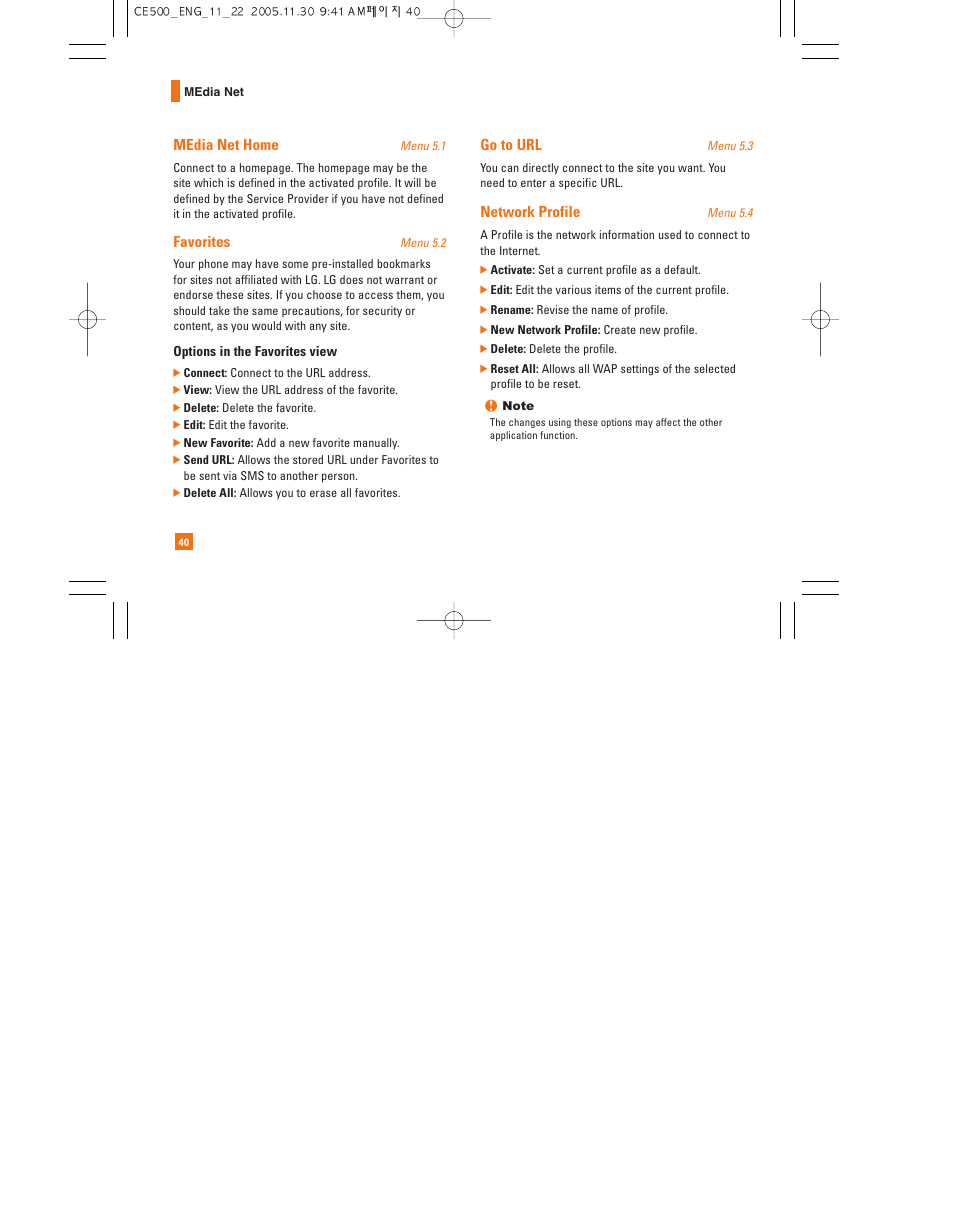 Media net home, Favorites, Go to url | Network profile | LG CE500 User Manual | Page 44 / 195