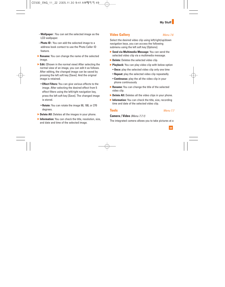 Video gallery, Tools | LG CE500 User Manual | Page 53 / 195