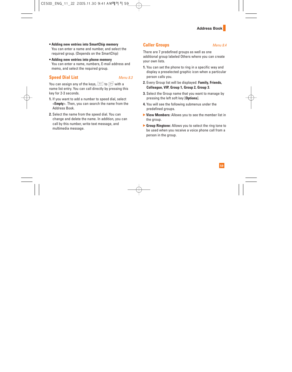 Speed dial list, Caller groups | LG CE500 User Manual | Page 63 / 195