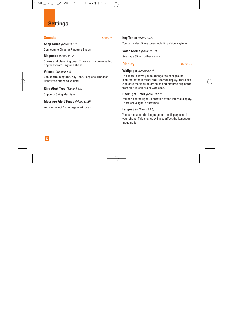 Settings | LG CE500 User Manual | Page 66 / 195