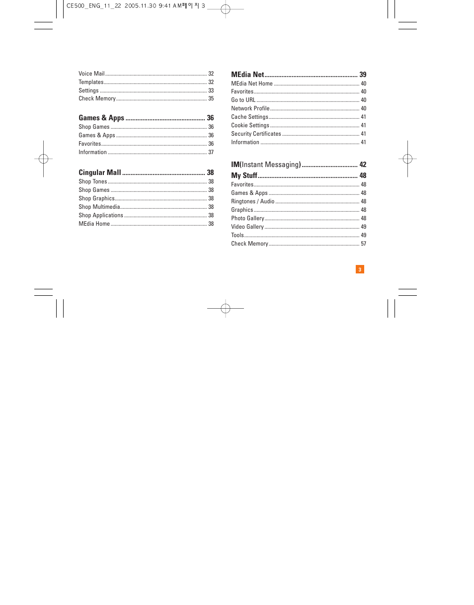 Games & apps, Cingular mall, Media net | Im( instant messaging ) my stuff | LG CE500 User Manual | Page 7 / 195