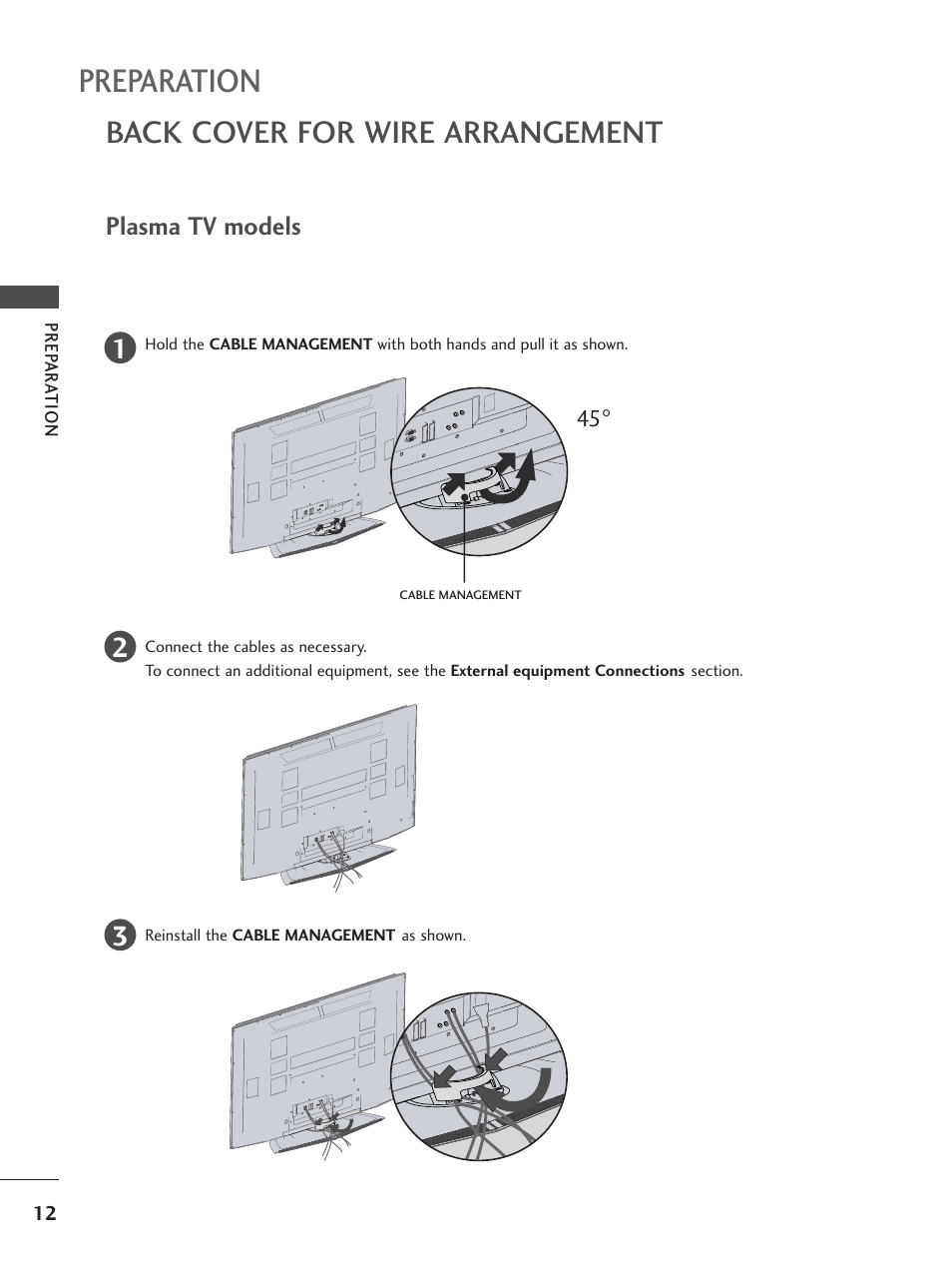 Back cover for wire arrangement, Preparation, Plasma tv models | LG 37LF65 User Manual | Page 14 / 116