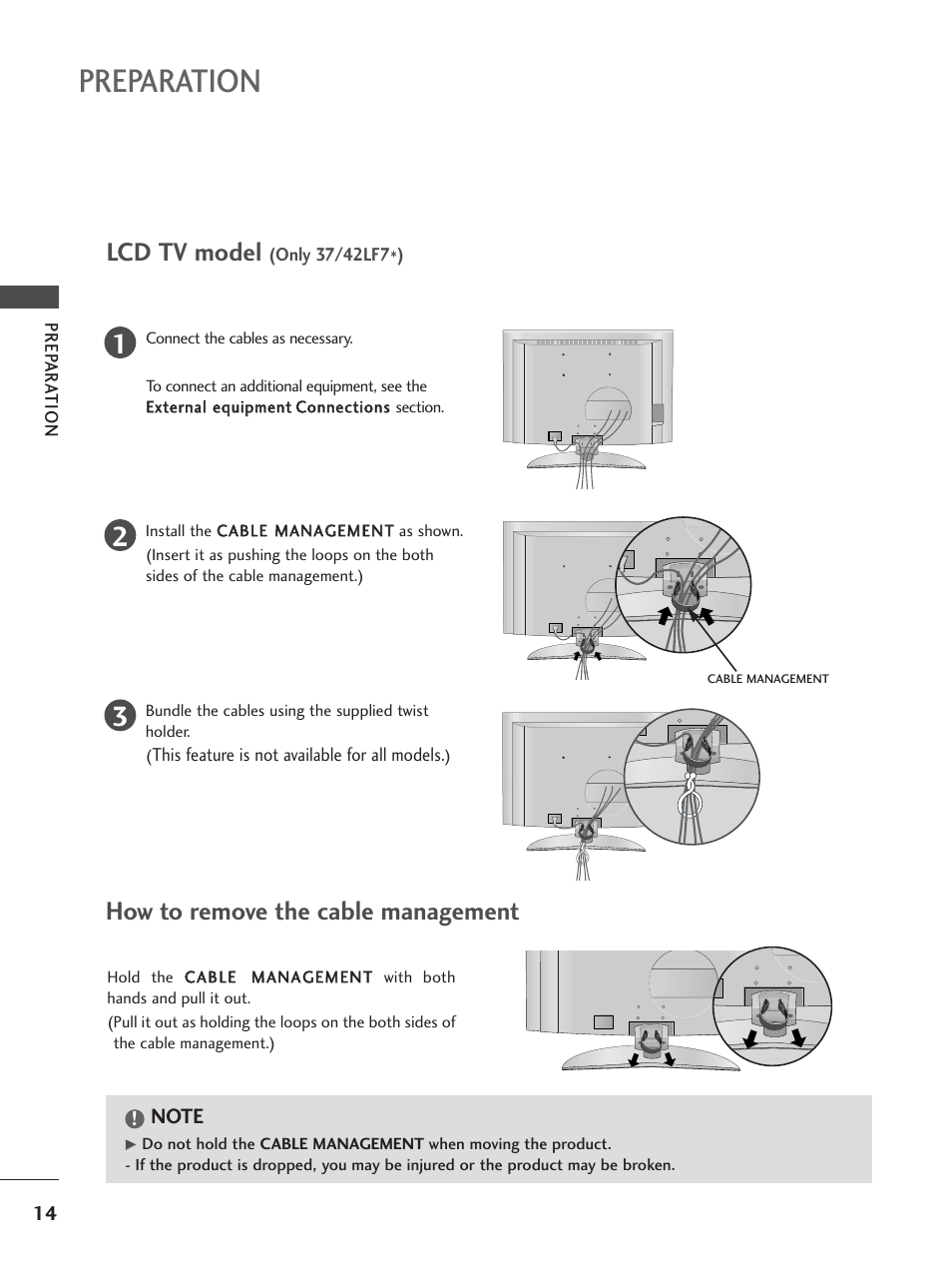 Preparation, Lcd tv model, How to remove the cable management | LG 37LF65 User Manual | Page 16 / 116