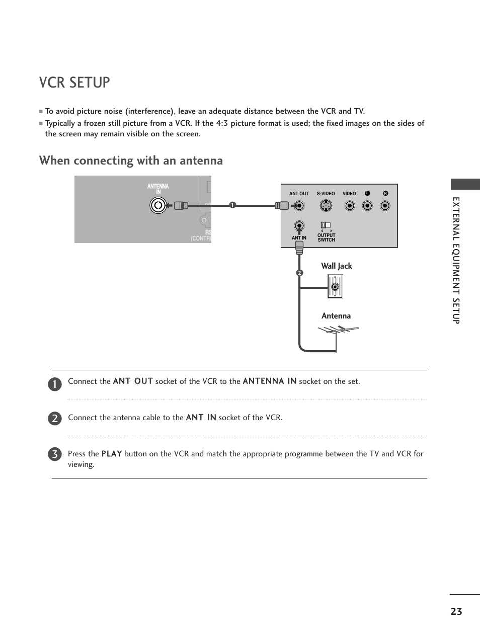 Vcr setup, When connecting with an antenna, External eq uipment setup | LG 37LF65 User Manual | Page 25 / 116