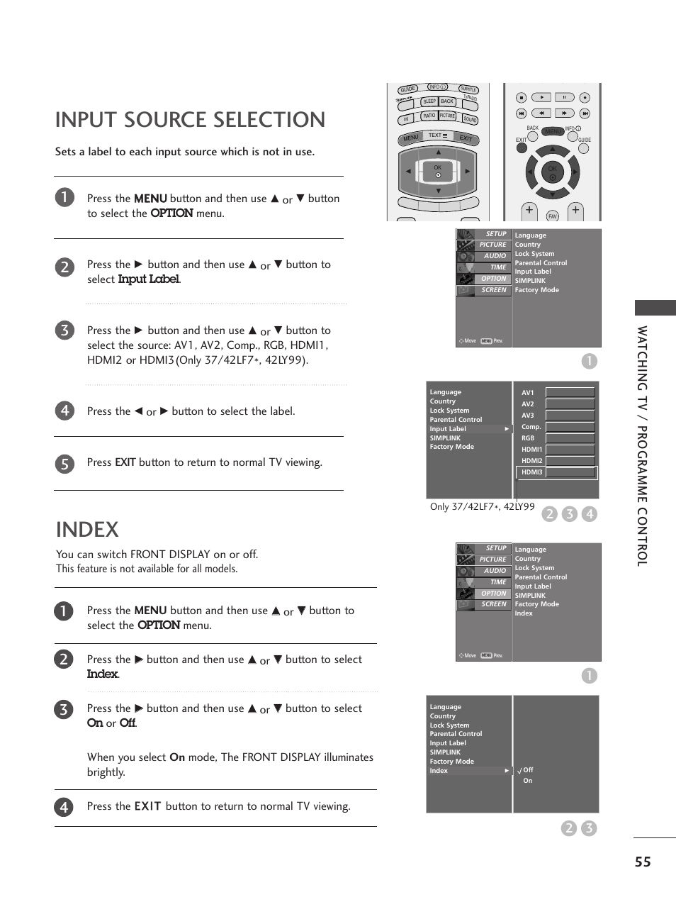 Input source selection, Index, Wa tching tv / pr ogr amme contr ol 3 4 2 | LG 37LF65 User Manual | Page 57 / 116