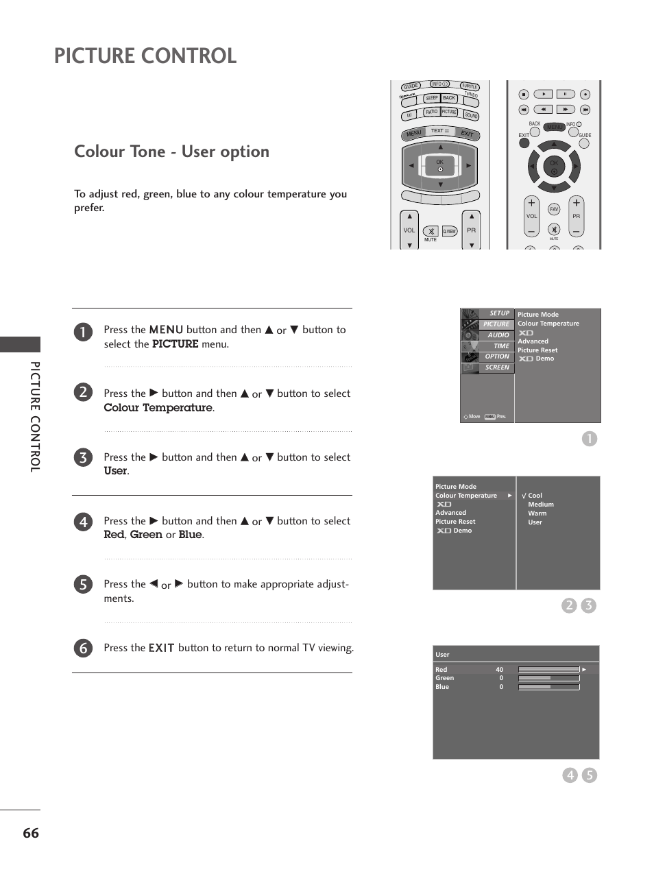 Colour tone - user option, Picture control, 32 5 4 picture contr ol | Button to select the picture menu. press the, Button and then, Button to select colour temperature . press the, Button to select user . press the, Button to select red , green or blue. press the | LG 37LF65 User Manual | Page 68 / 116