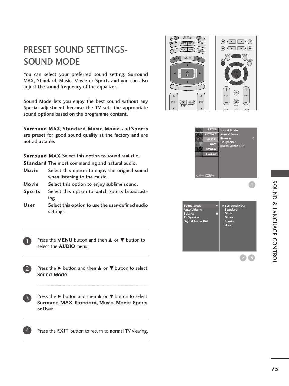 Preset sound settingssoundmode, Preset sound settings- sound mode, Sound & langu a ge contr ol | LG 37LF65 User Manual | Page 77 / 116