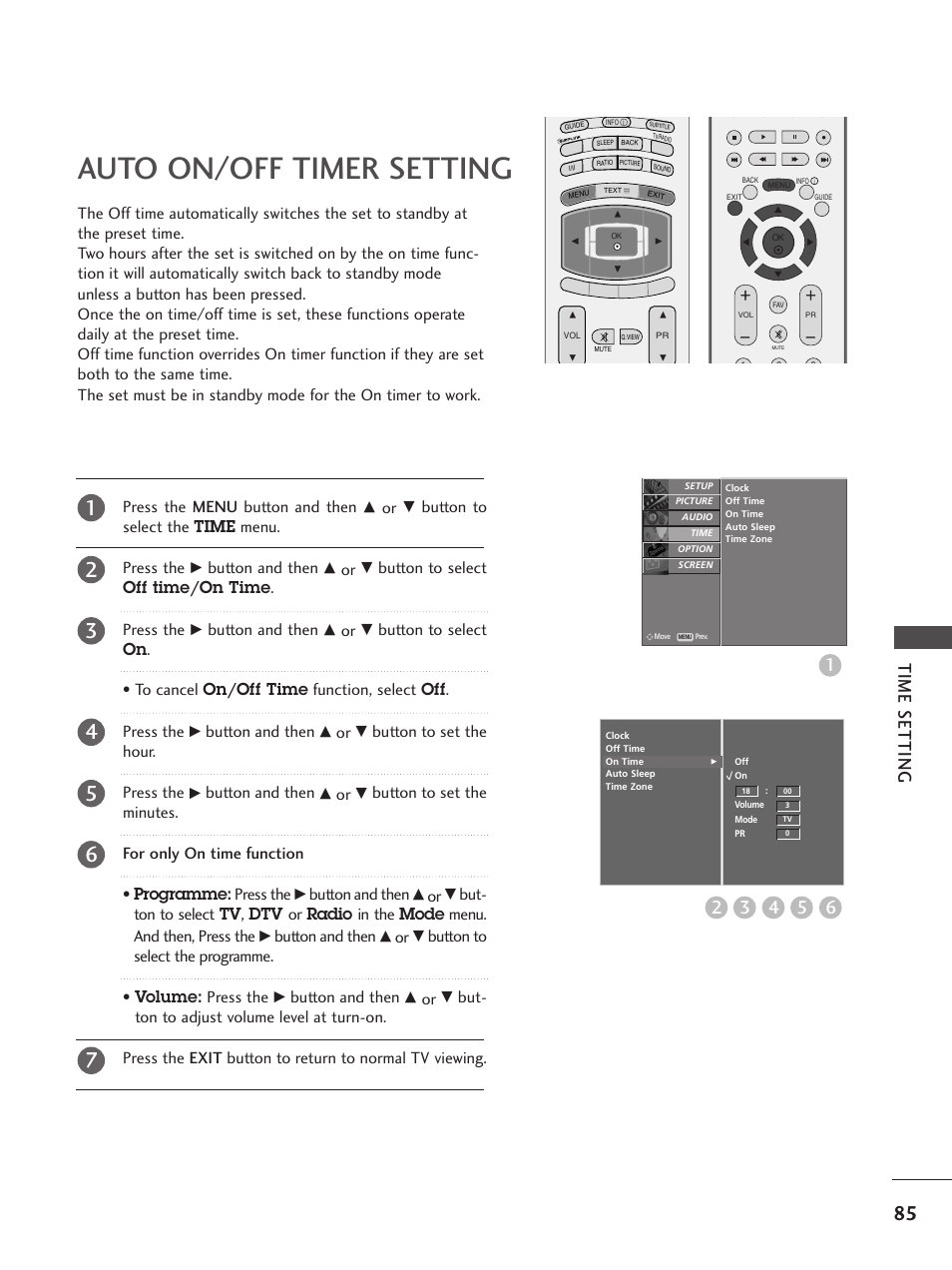 Auto on/off timer setting, Press the menu button and then, Button to select the time menu. press the | Button and then, Button to select off time/on time. press the, Button to set the hour. press the | LG 37LF65 User Manual | Page 87 / 116