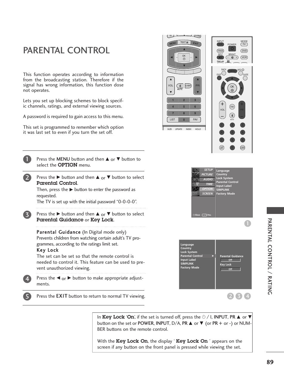 Parental control, Parent al contr ol / r a ting 3 4 2, Button to select the option menu. press the | Button and then, Button to select parental control. then, press the, Button on the set or power, input, d/a, pr, The display | LG 37LF65 User Manual | Page 91 / 116