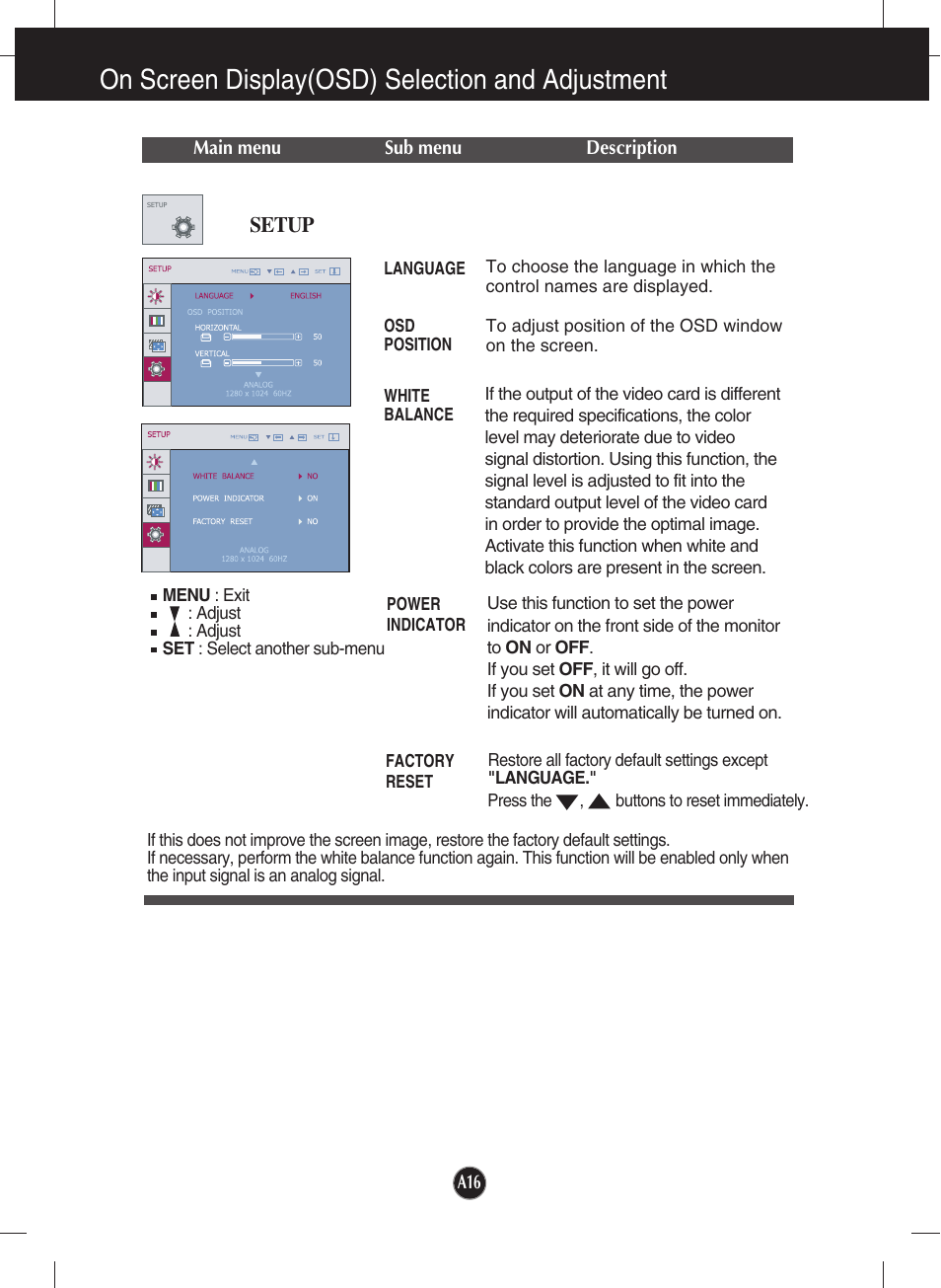 Setup, On screen display(osd) selection and adjustment | LG W2053TP-PF User Manual | Page 17 / 31