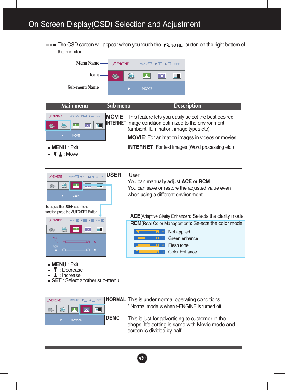 F-engine, On screen display(osd) selection and adjustment | LG W2053TP-PF User Manual | Page 21 / 31