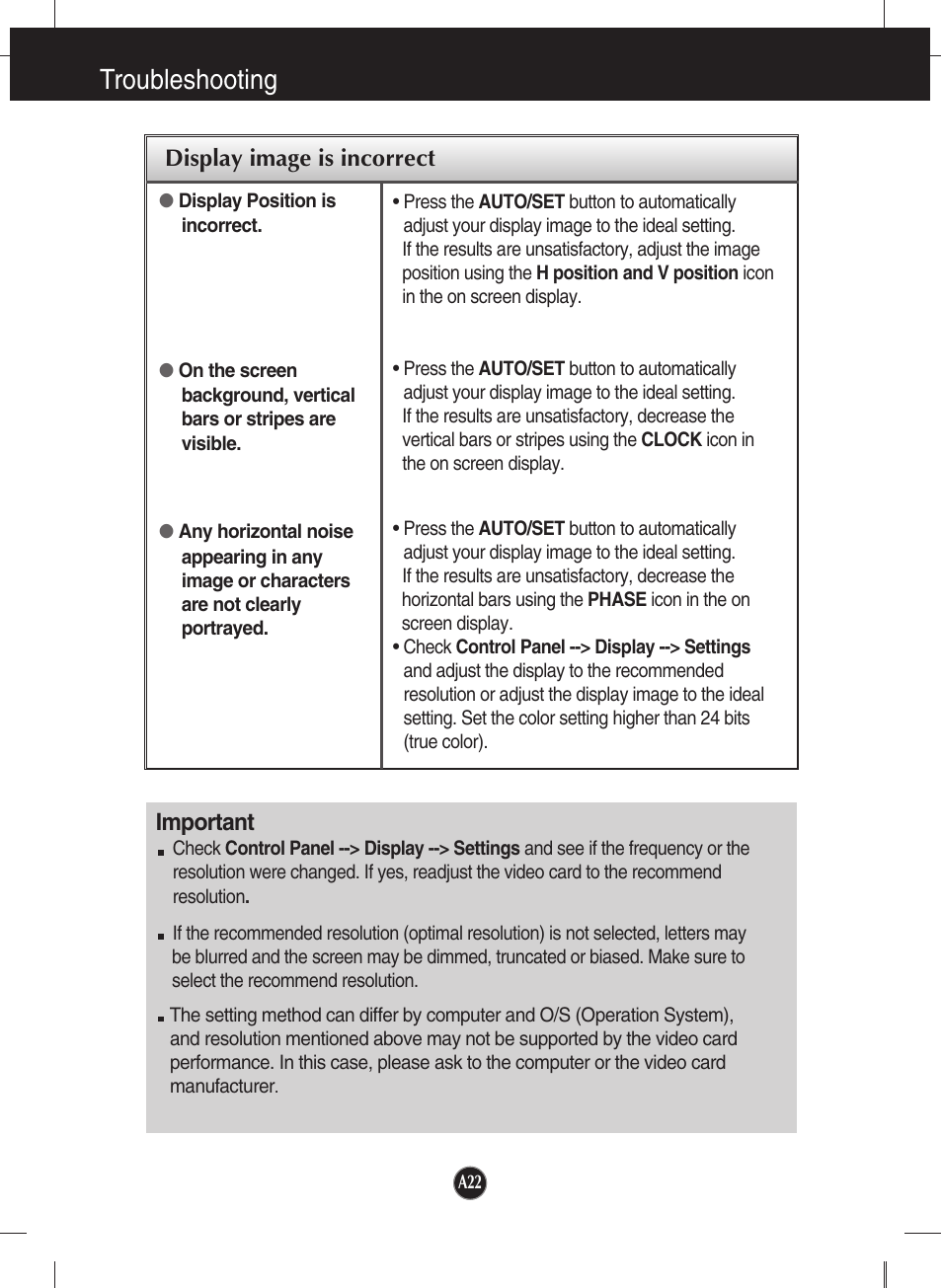 Display image is incorrect, Troubleshooting, Important | LG W2053TP-PF User Manual | Page 23 / 31