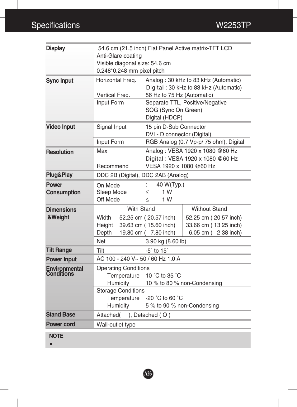 W2253tp, Specifications w2253tp | LG W2053TP-PF User Manual | Page 27 / 31