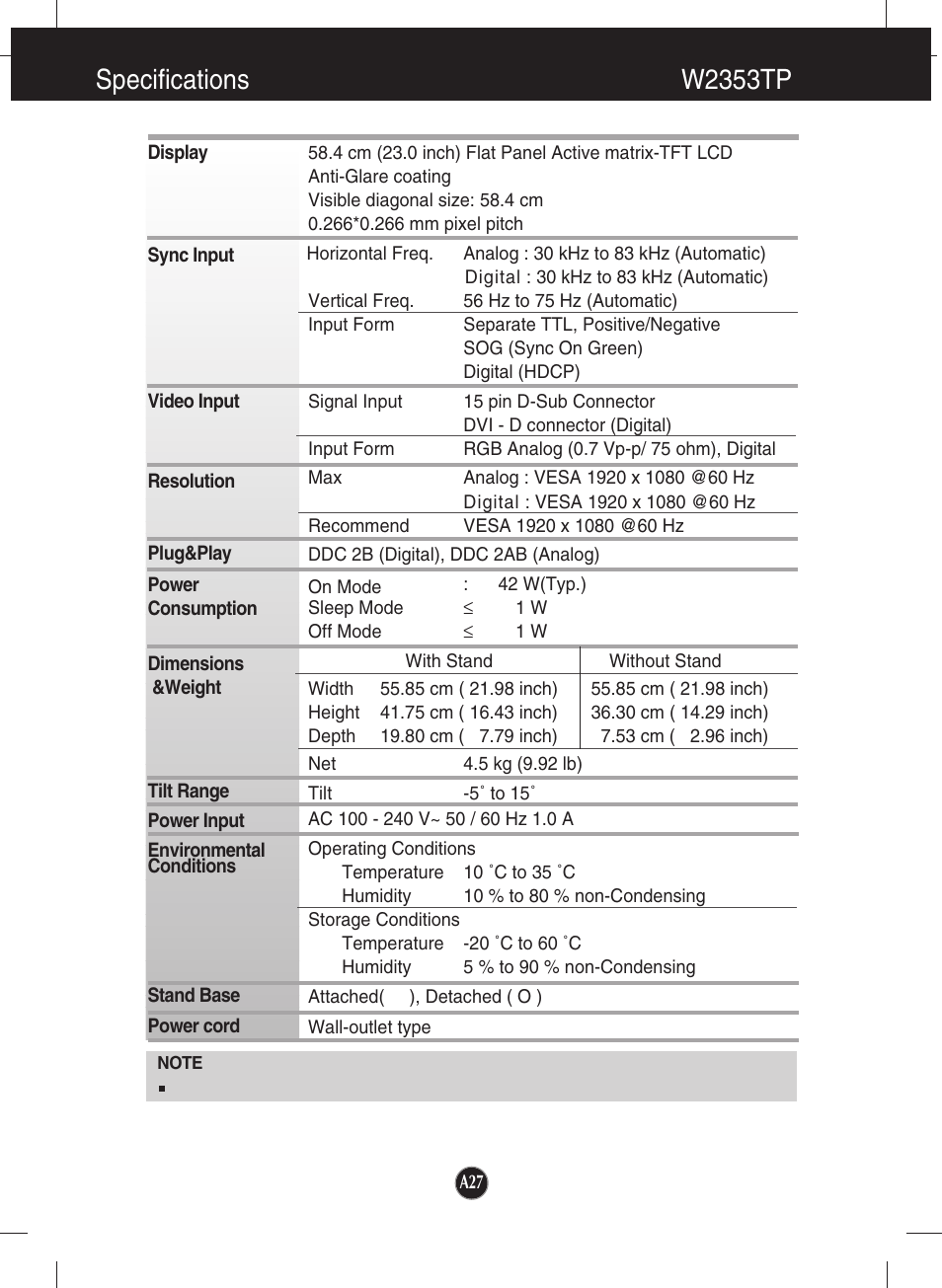 W2353tp, Specifications w2353tp | LG W2053TP-PF User Manual | Page 28 / 31