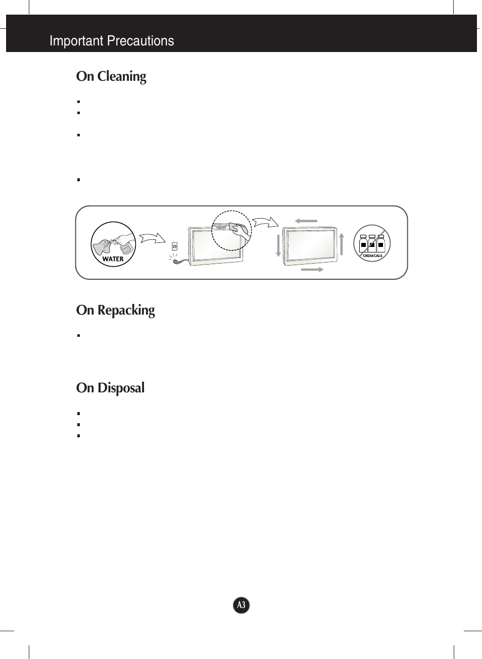 On cleaning, On repacking, On disposal | Important precautions on cleaning | LG W2053TP-PF User Manual | Page 4 / 31