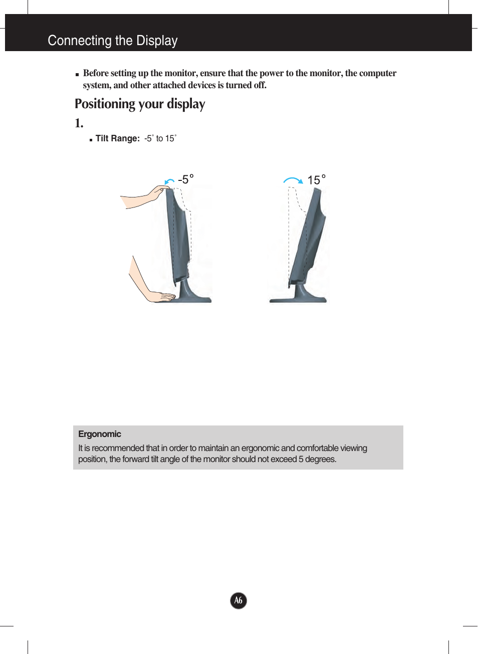 Positioning your display, Connecting the display | LG W2053TP-PF User Manual | Page 7 / 31