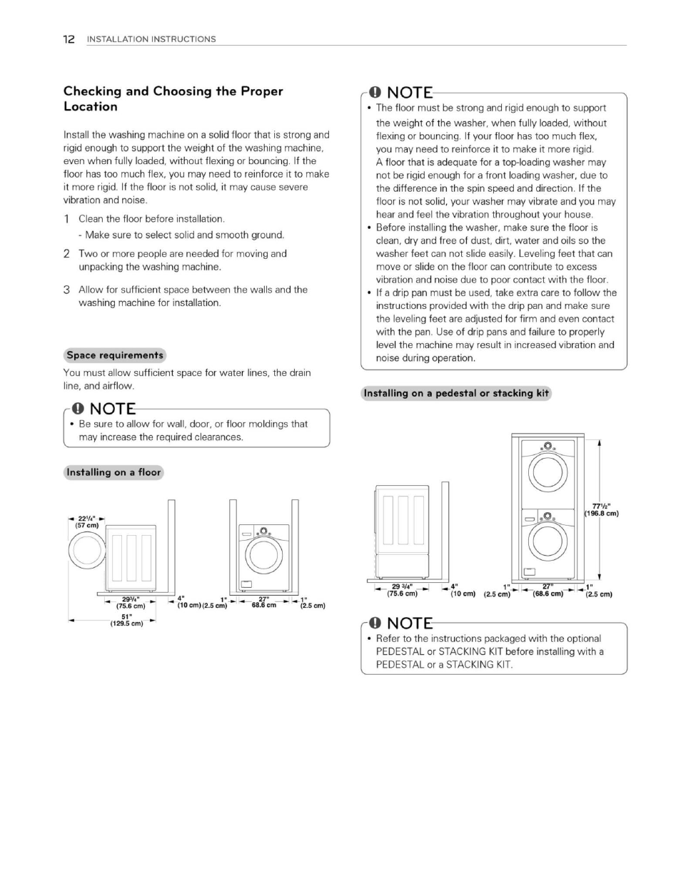 Checking and choosing the proper location, O note | LG WM3250HWA User Manual | Page 13 / 81