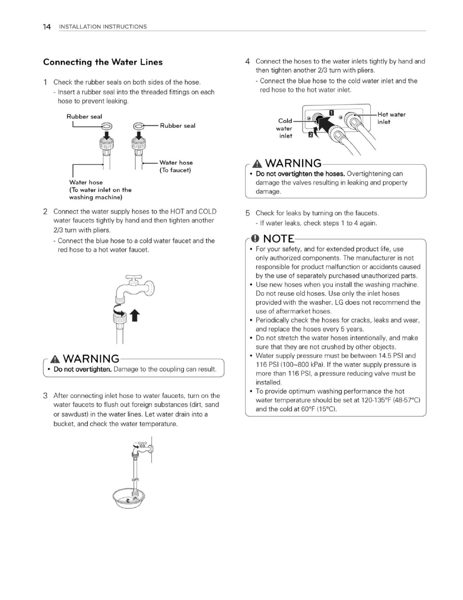 Connecting the water lines, Warning | LG WM3250HWA User Manual | Page 15 / 81