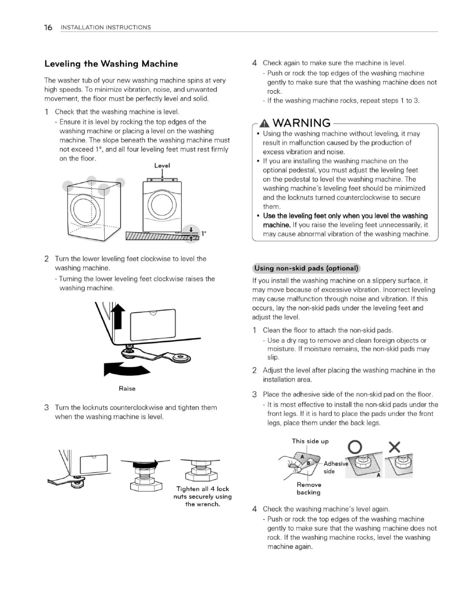 Leveling the washing machine, A warning, Warning | LG WM3250HWA User Manual | Page 17 / 81