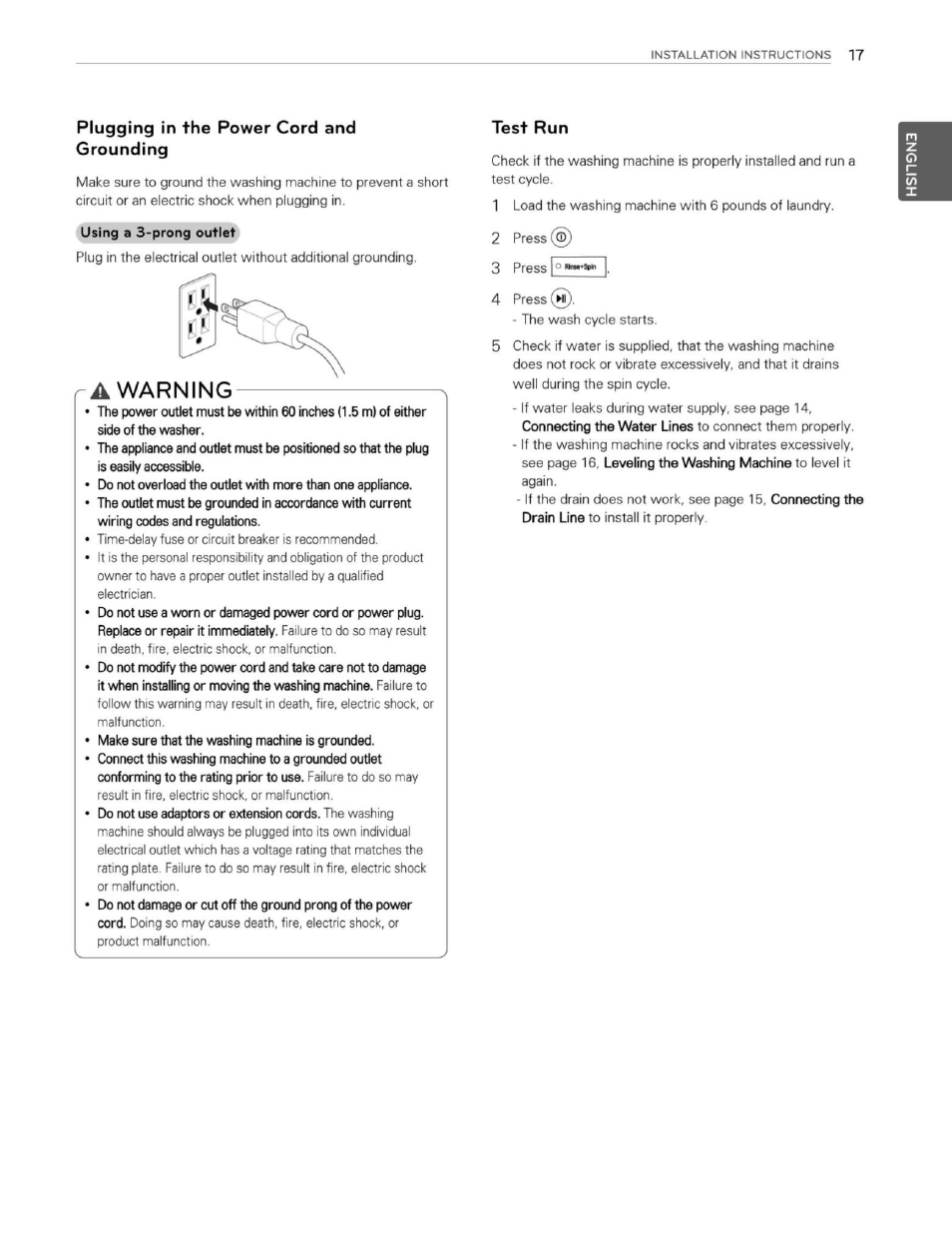 Plugging in the power cord and grounding, A warning, Test run | Warning | LG WM3250HWA User Manual | Page 18 / 81