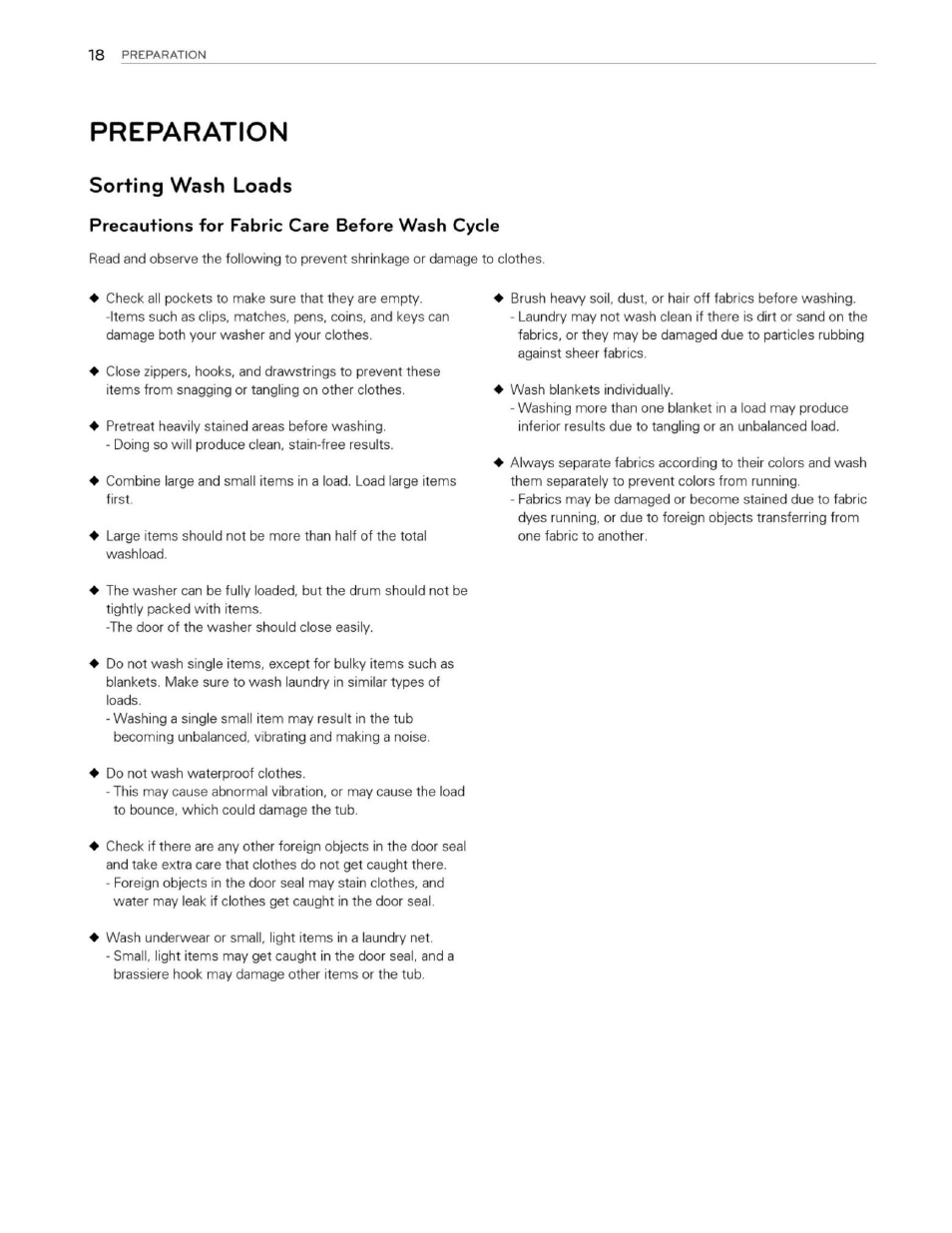 Preparation, Sorting wash loads, Precautions for fabric care before wash cycle | LG WM3250HWA User Manual | Page 19 / 81