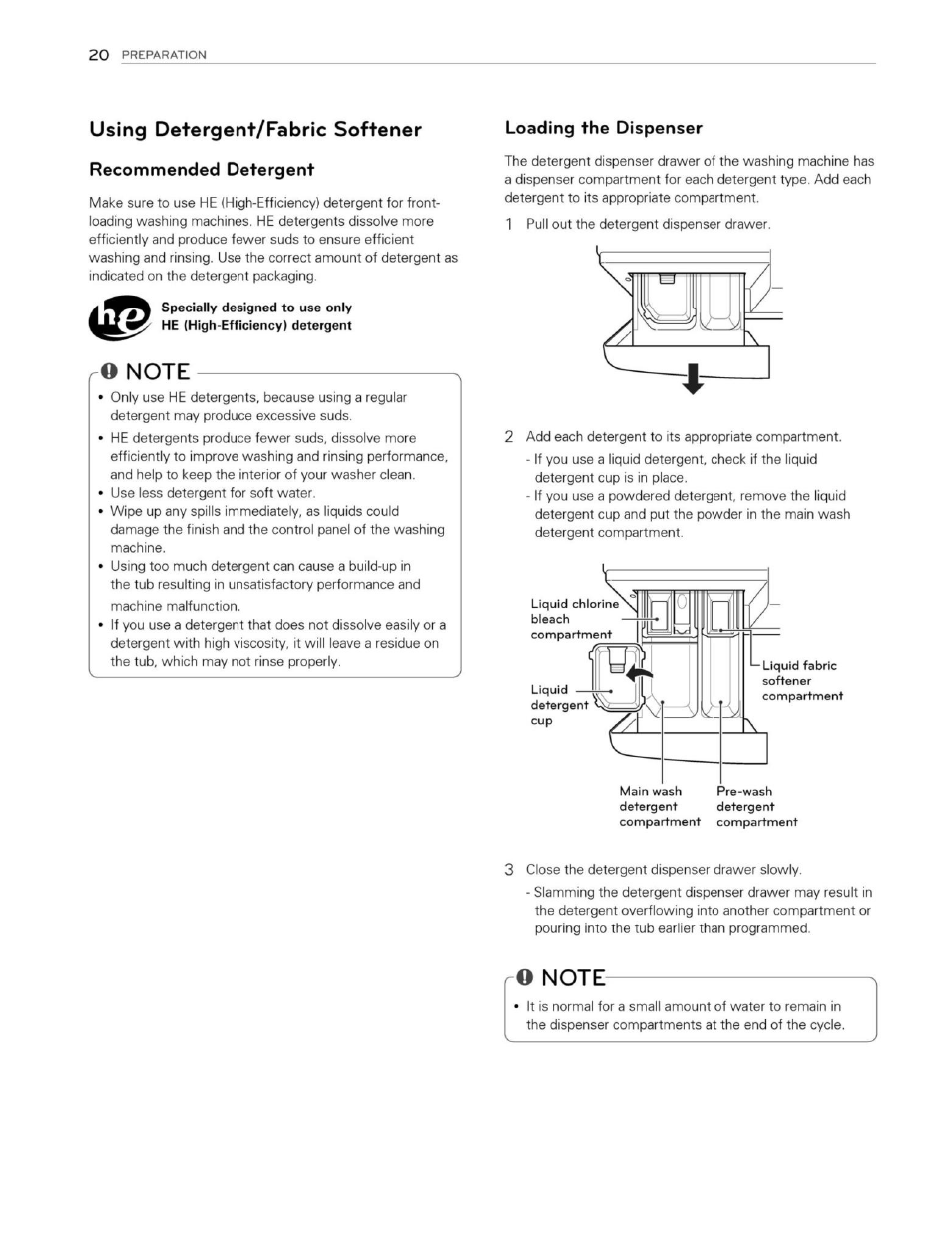 Using detergent/fa brie softener, Recommended detergent, Ro note | Loading the dispenser, O note | LG WM3250HWA User Manual | Page 21 / 81