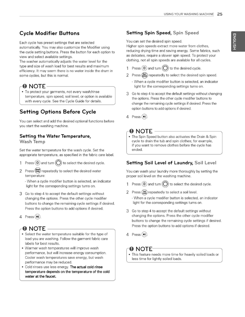 Cycle modifier buttons, O note, Setting options before cycle | Setting the water temperature, Wash temp, Setting spin speed, spin speed, Setting soil level of laundry, soil level, Ro note | LG WM3250HWA User Manual | Page 26 / 81