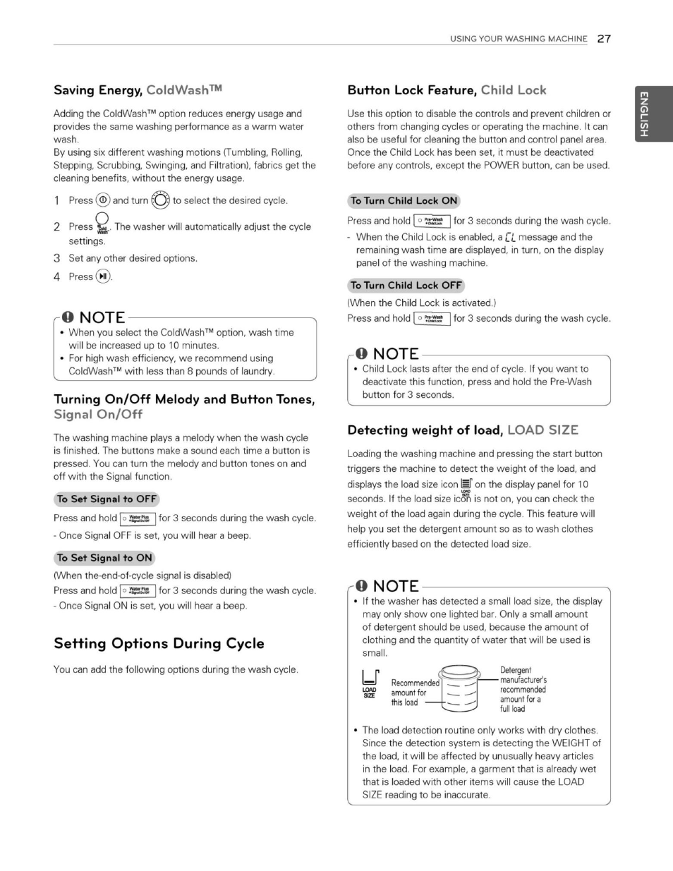 Saving energy, coldwash, O note, Setting options during cycle | Button lock feature, child lock, Detecting weight of load, load size, Q note | LG WM3250HWA User Manual | Page 28 / 81