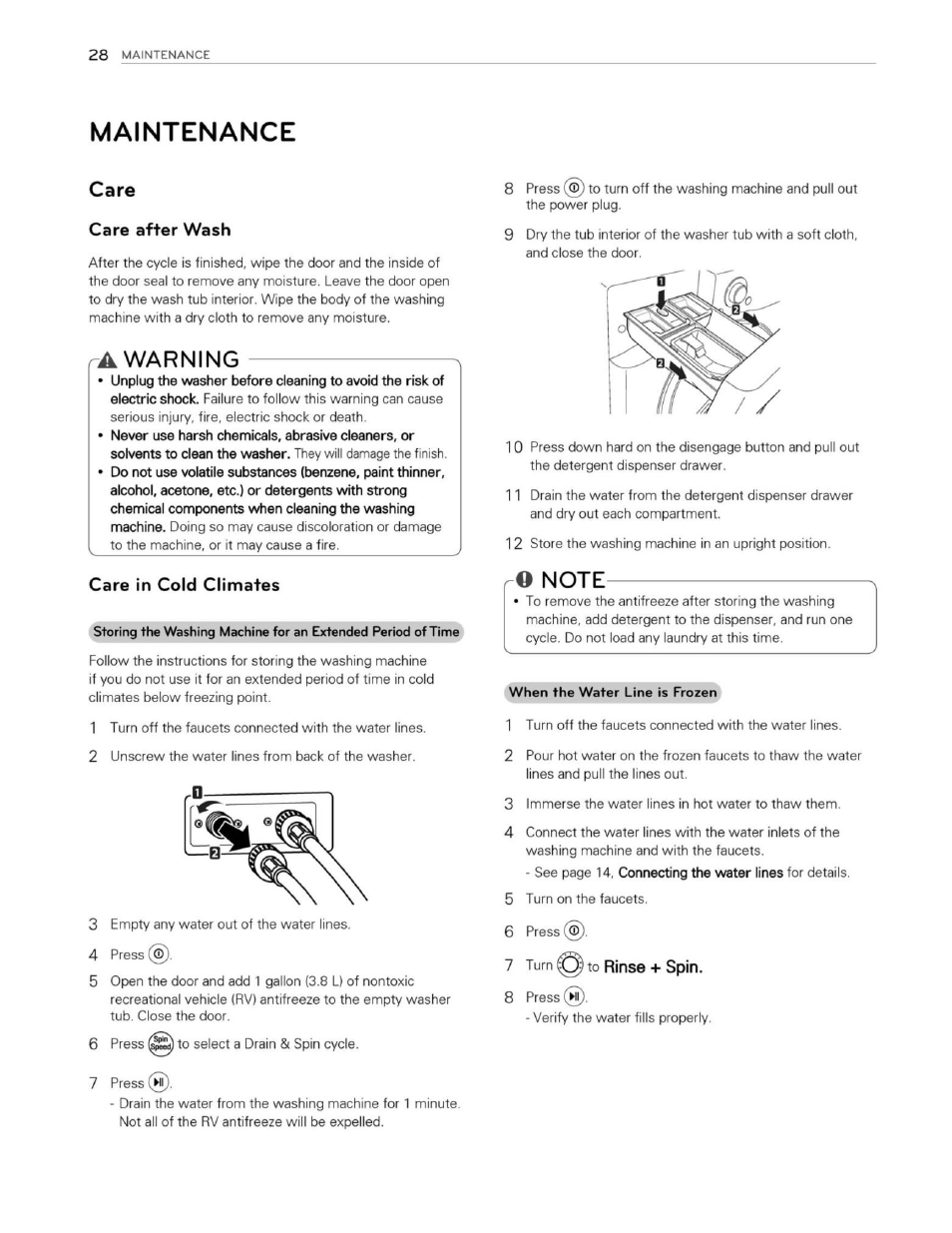 Maintenance, Care, Care after wash | A warning, Care in cold climates, Q note, To rinse + spin, Warning | LG WM3250HWA User Manual | Page 29 / 81