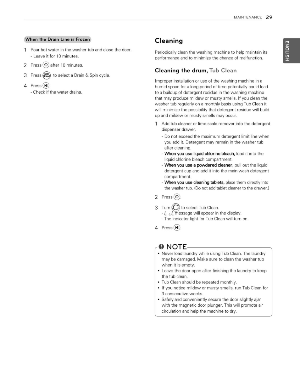 Cleaning, Cleaning the drum, tub clean, O note | LG WM3250HWA User Manual | Page 30 / 81