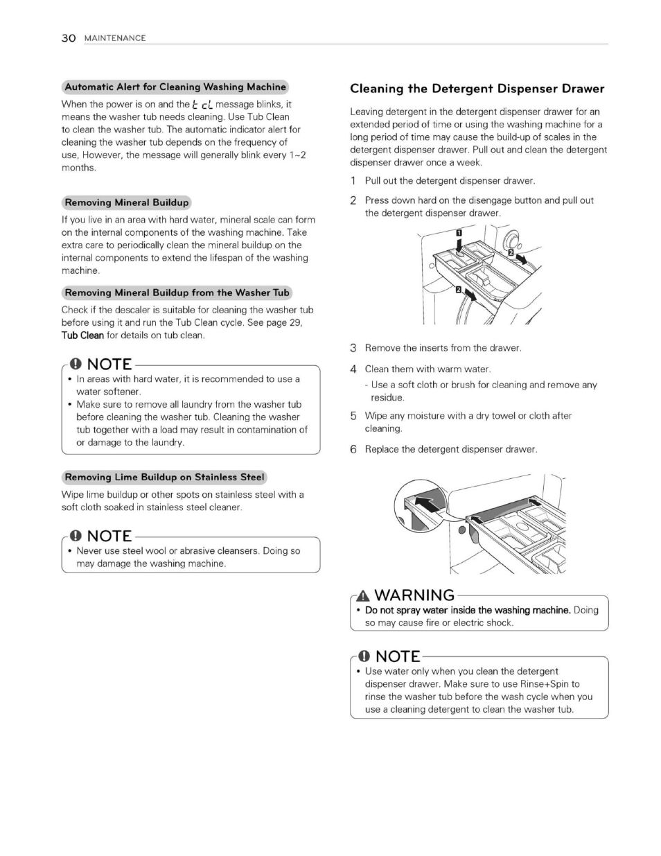 O note, Cleaning the detergent dispenser drawer, A warning | Ro note, Warning | LG WM3250HWA User Manual | Page 31 / 81