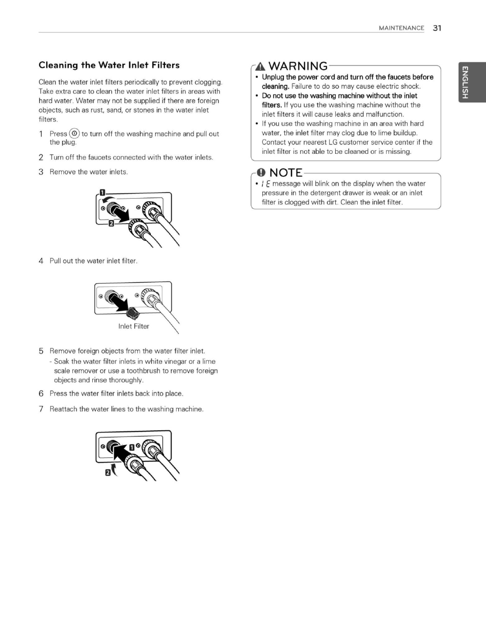 Cleaning the water inlet filters, A warning | LG WM3250HWA User Manual | Page 32 / 81