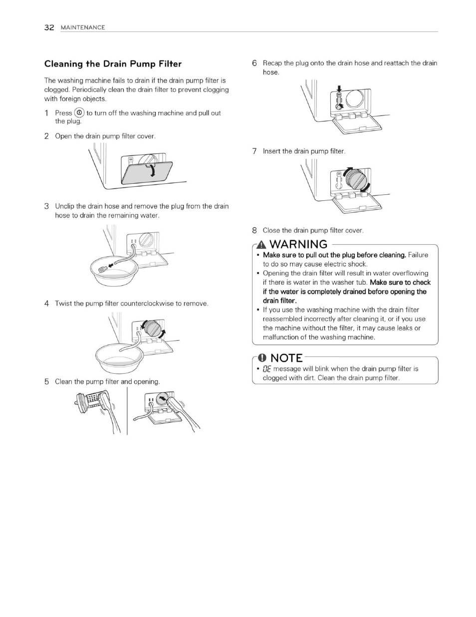 Cleaning the drain pump filter, A warning, Warning | LG WM3250HWA User Manual | Page 33 / 81