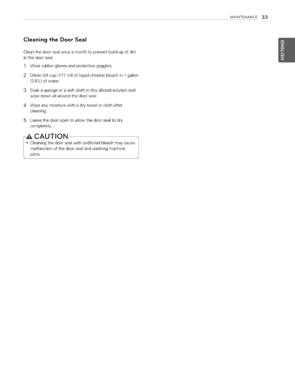 Cleaning the door seal, A caution, Caution | LG WM3250HWA User Manual | Page 34 / 81