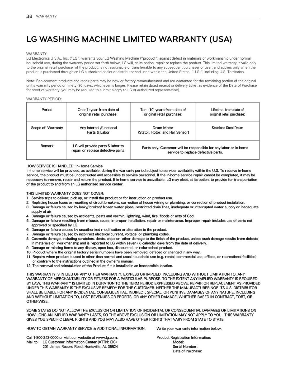 Lg washing machine limited warranty (usa) | LG WM3250HWA User Manual | Page 39 / 81