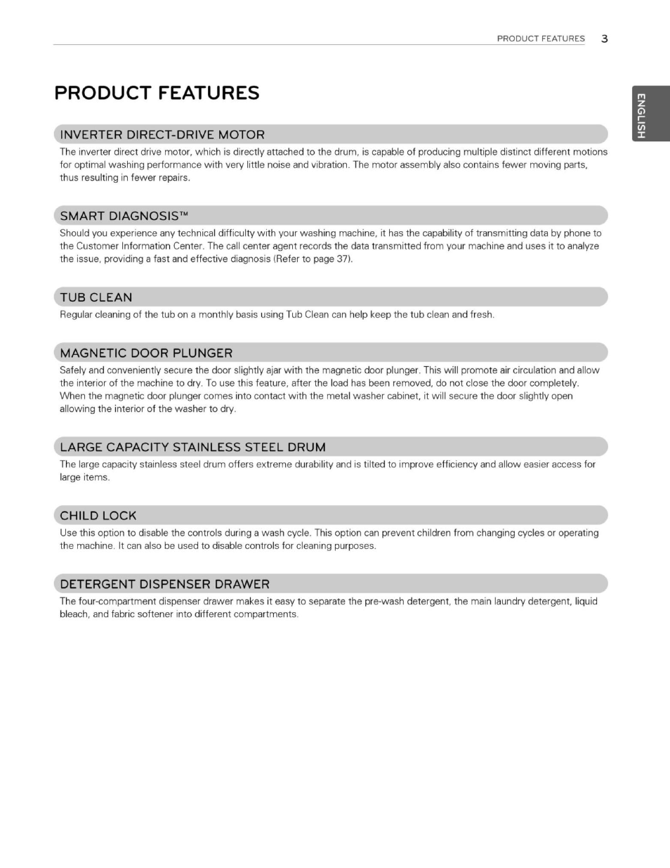 Product features, Inverter direct-drive motor, Smart diagnosis | Tub clean, Magnetic door plunger, Child lock, Detergent dispenser drawer | LG WM3250HWA User Manual | Page 4 / 81