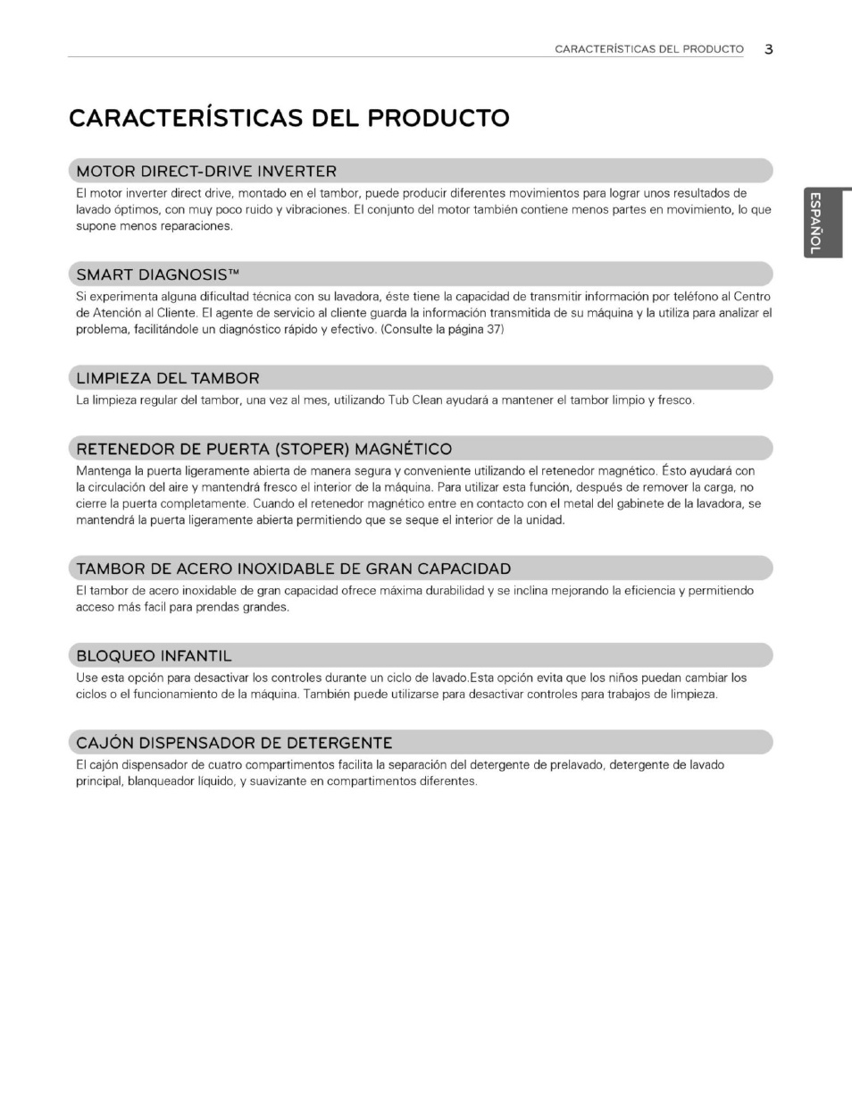 Caracteristicas del producto, Motor direct-drive inverter, Smart diagnosis | Retenedor de puerta (stoper) magnetico, Bloqueo infantil, Cajon dispensador de detergente | LG WM3250HWA User Manual | Page 44 / 81